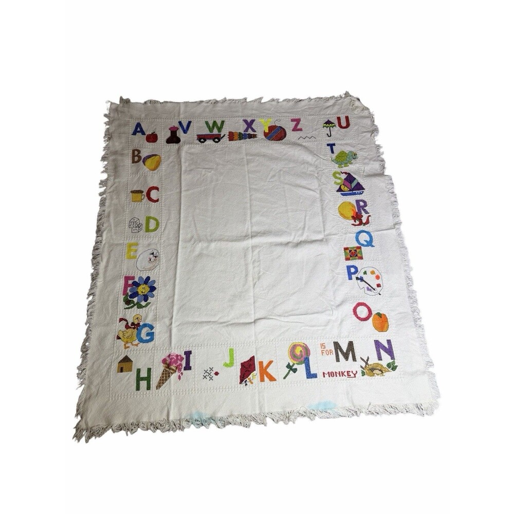 Vintage Alphabet Needlepoint Baby Blanket 48 X 55 Inches